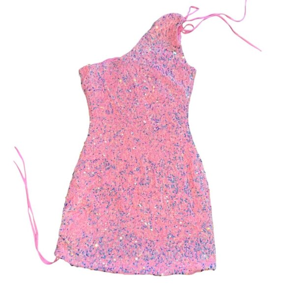 Lucy In The Sky One Shoulder 'Olivia' Dress-Pink Sequin-Size M-GUC - Picture 2 of 8